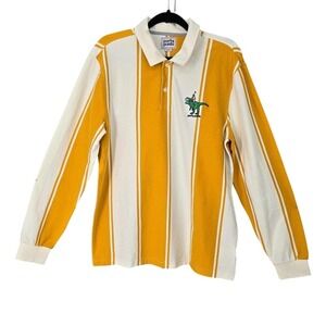 Party Pants Retro Polo Shirt Men Medium Yellow White Stripe Long Sleeve Dinosaur